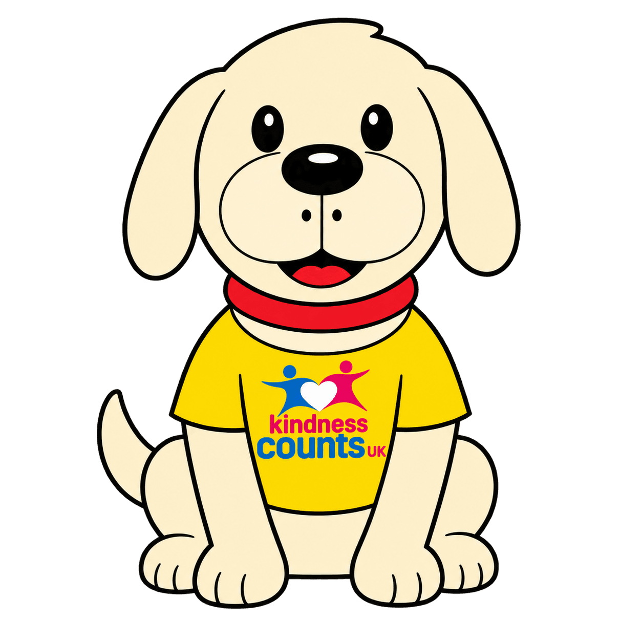 Nic, the Kindness Counts UK mascot dog, in a yellow t-shirt.