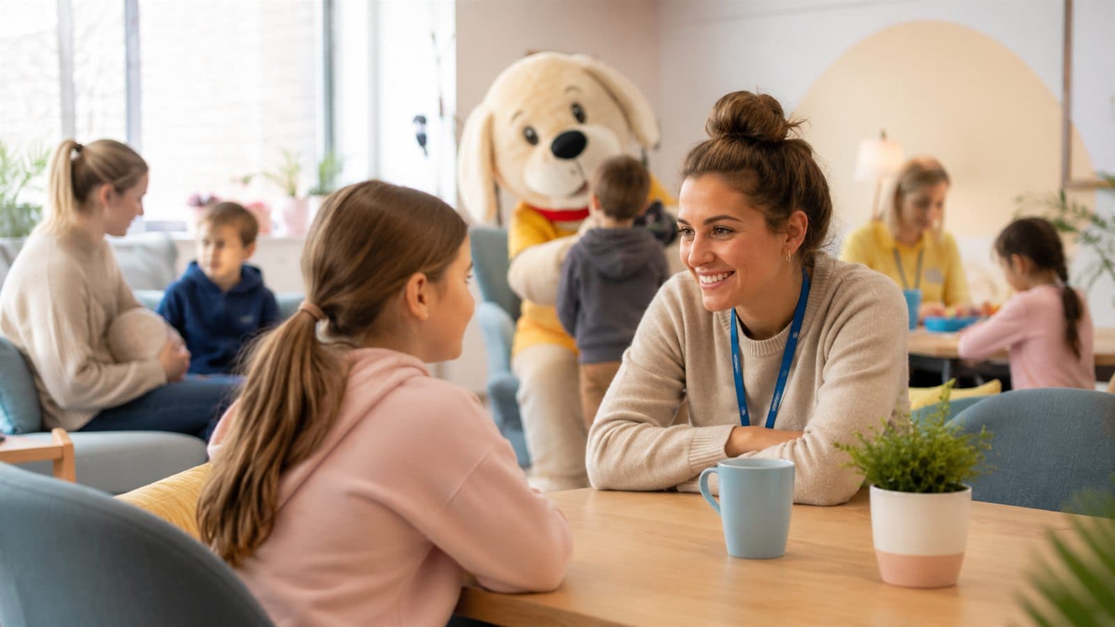 A volunteer talking with a young person at the Kindness Counts UK community hub, with families and Nic the mascot nearby.