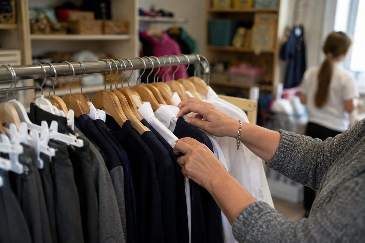 A rail of school uniform jumpers and blazers arranged by size.