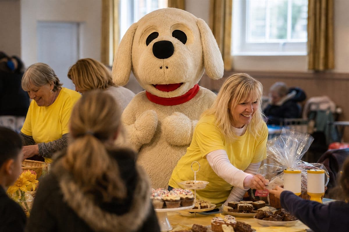 A community fundraising event with bunting and a stall.