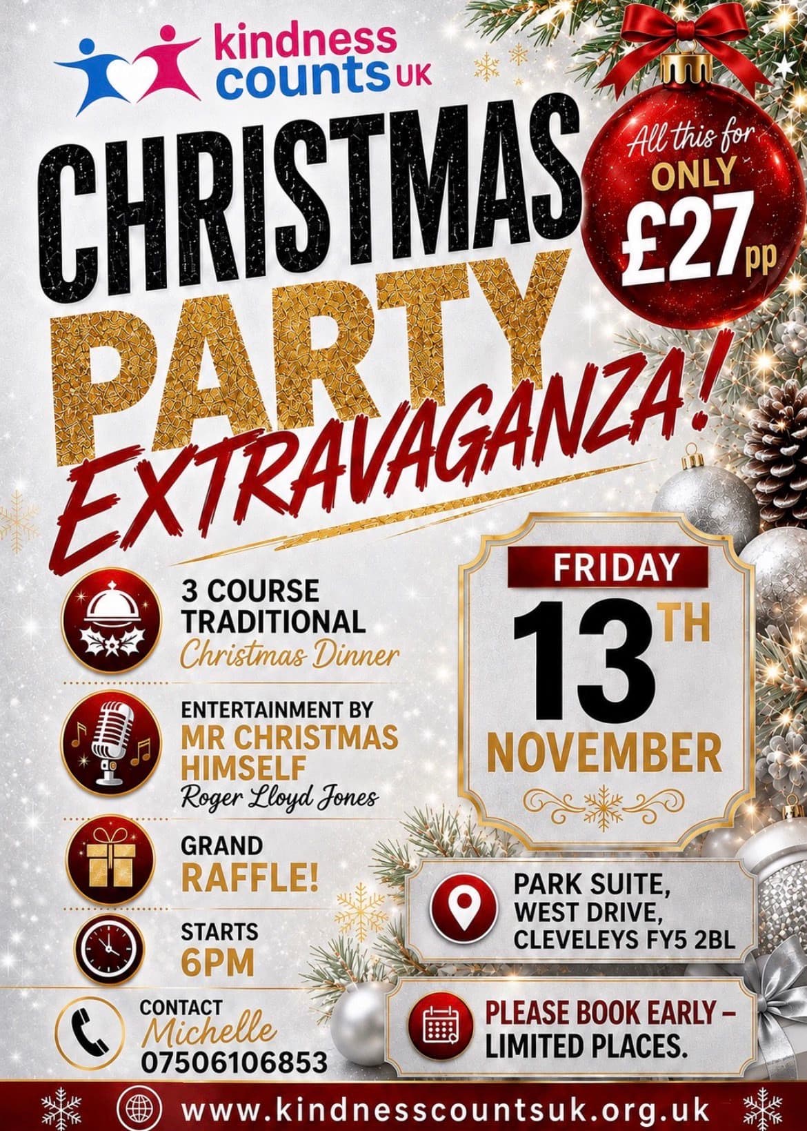Poster: Christmas Party Extravaganza, Friday 13 November, 6pm at the Park Suite, West Drive, Cleveleys. Three-course Christmas dinner, entertainment and a grand raffle. £27 per person.