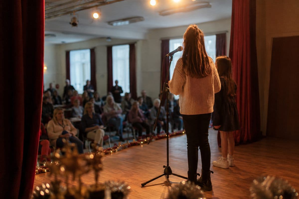 A community hall stage set up for an event.
